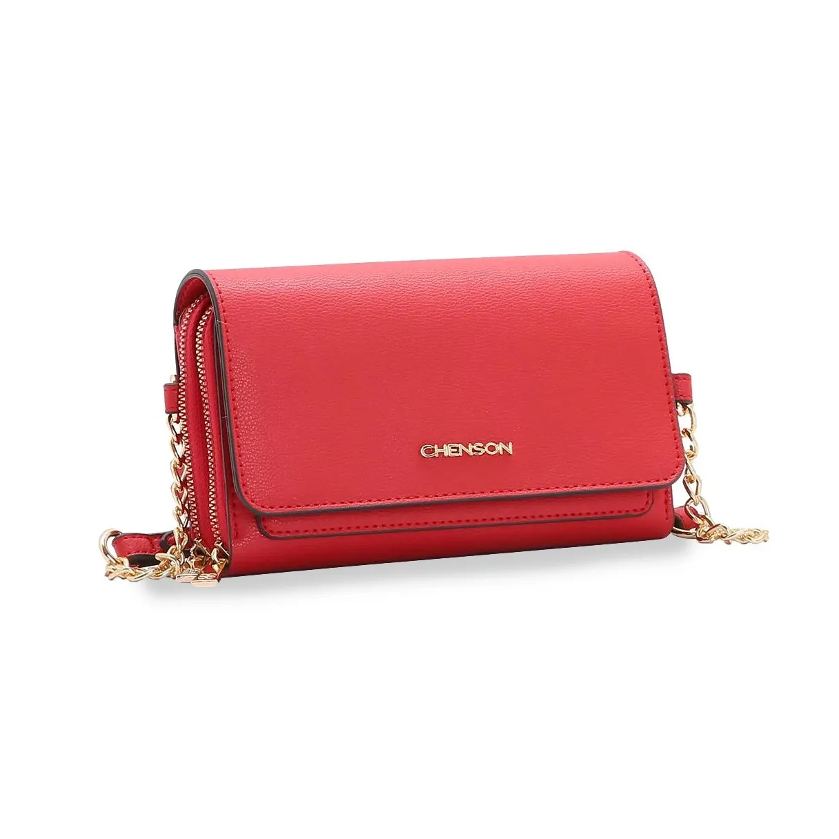 Bolsa feminina Chenson vermelha transversal com alça de corrente dourada e detalhe em fita vermelha, vista frontal